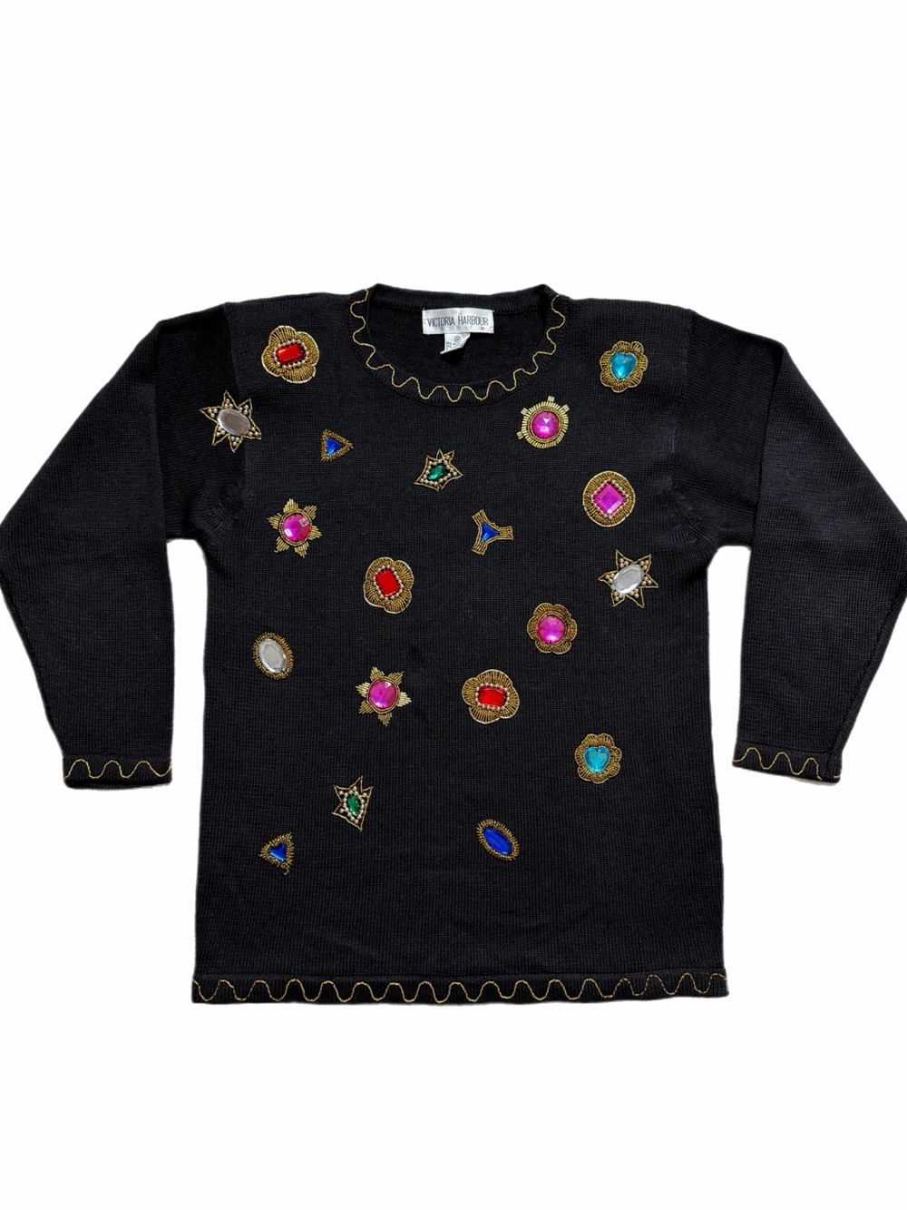 VTG 80s Victoria Harbour Bejeweled Gold Embroidered Sweater M Bedazzled Glam